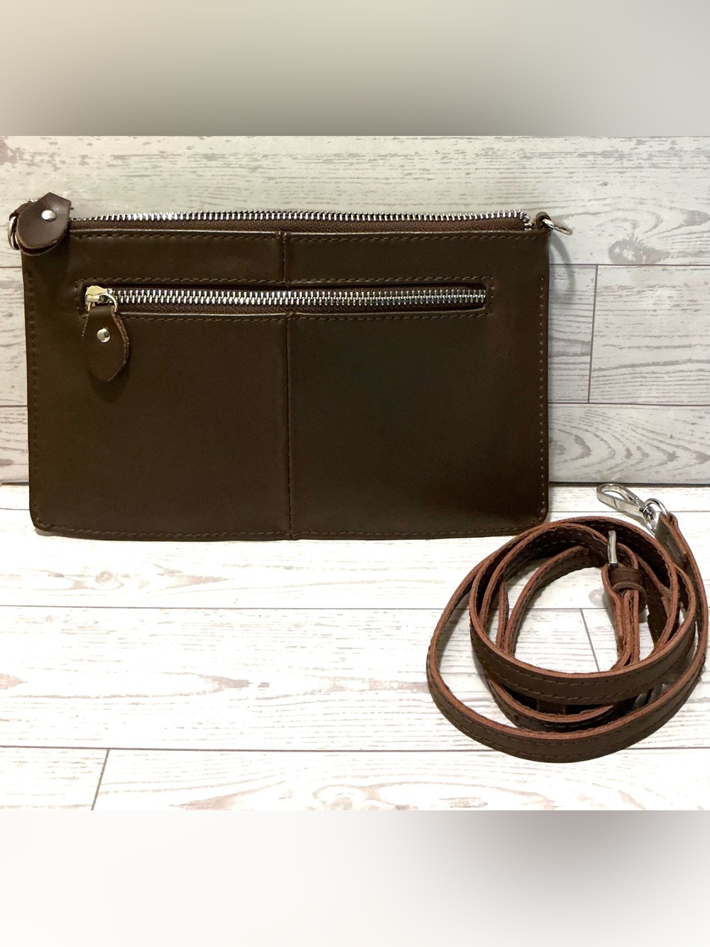 Brown Leather Zip Crossbody Wallet with Strap